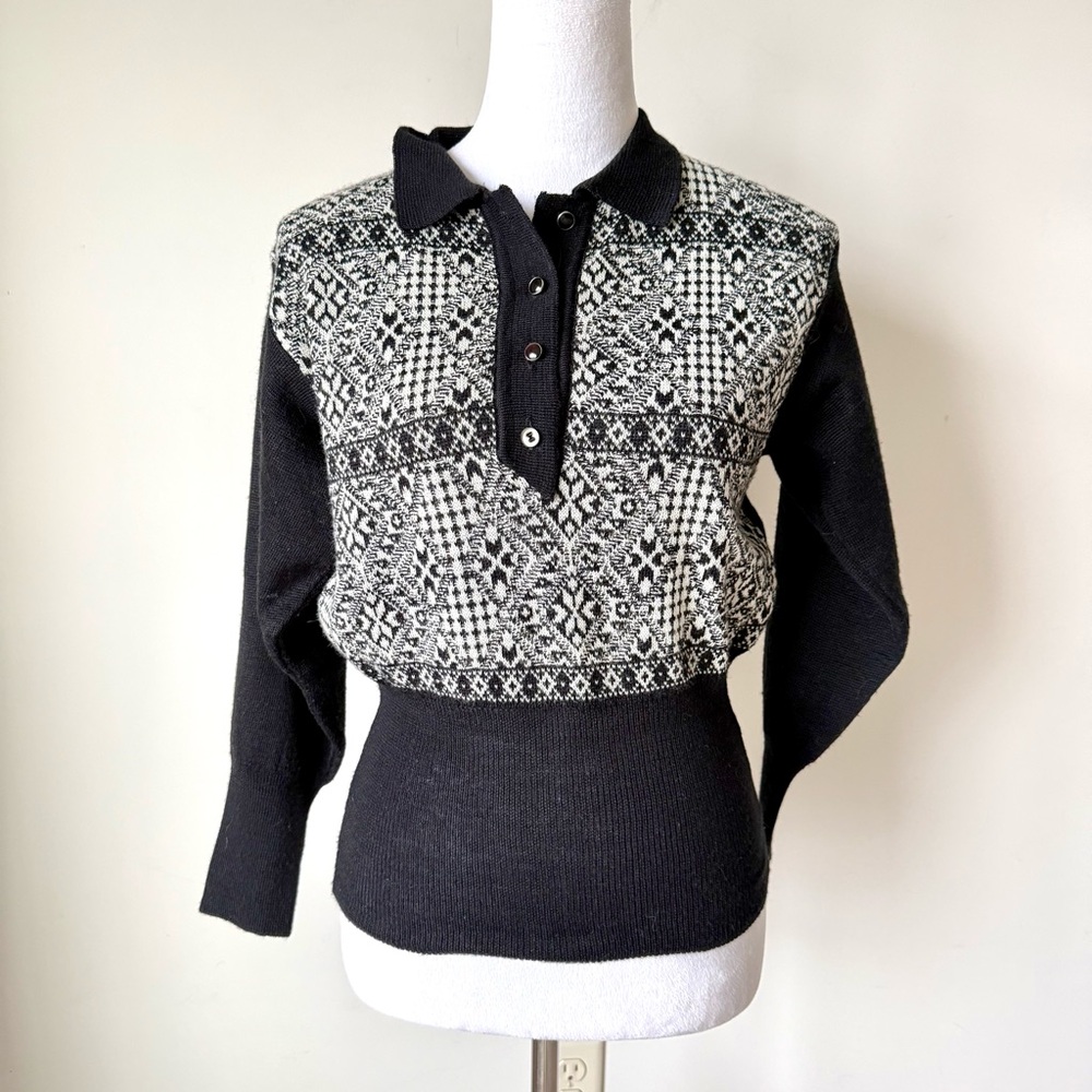Vintage JOSEPH VINCENT Black and White Patterned Collared Sweater—SZ. PS